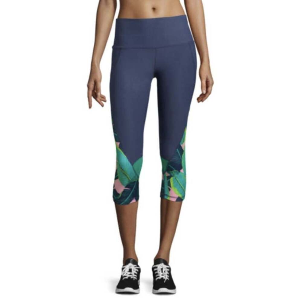 NWOT Xersion Women's Blue Banana Leaf Jersey Fitted Capri Leggings Size M
